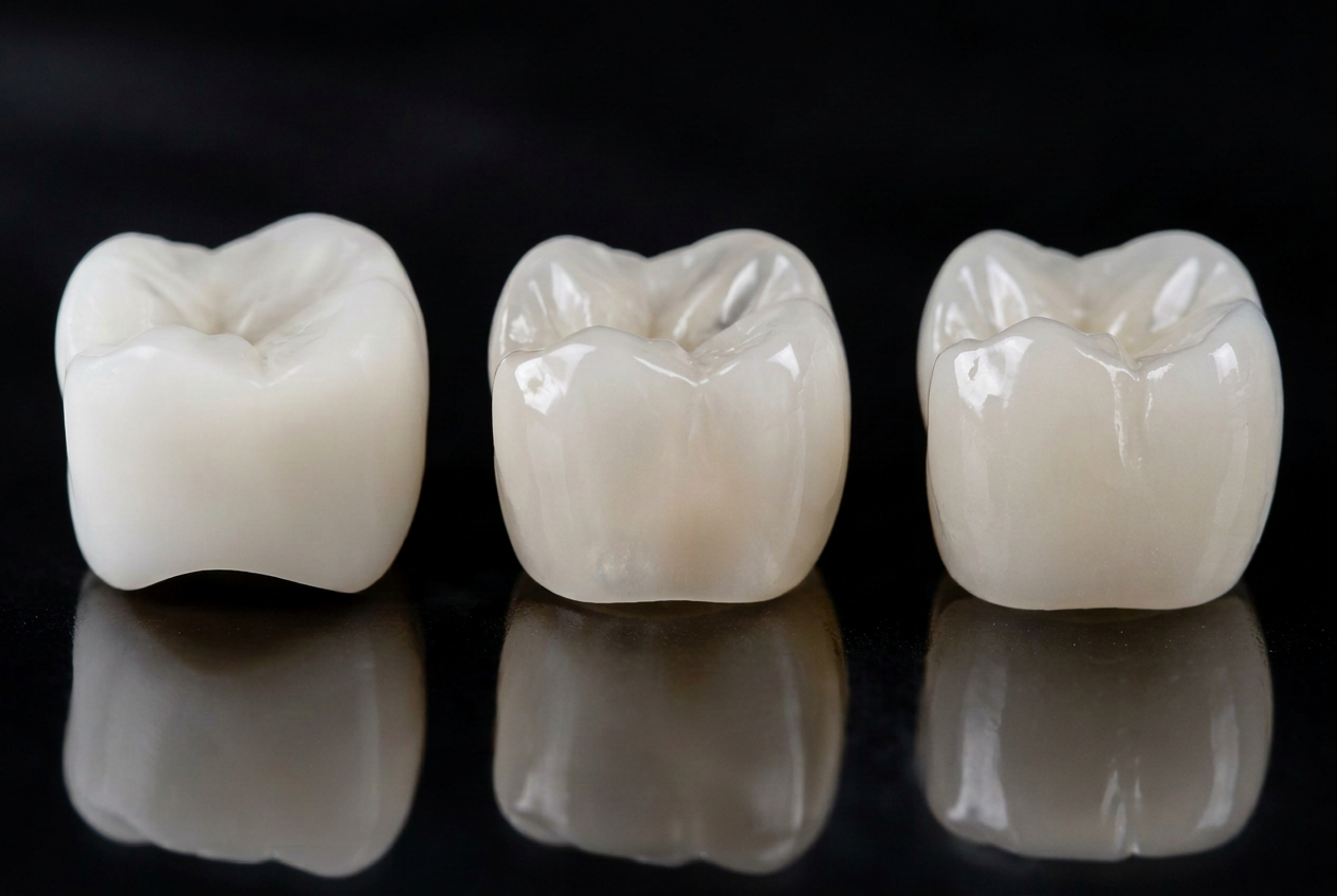 Three zirconia dental crowns displayed side by side in a digital dental lab setting, illustrating differences in translucency between 3Y, 4Y, and 5Y zirconia used for crown restorations.