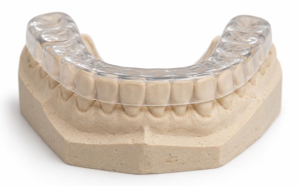 Dental illustration showing a transparent dental appliance separating upper and lower teeth, protecting a crown and veneer by absorbing grinding forces.