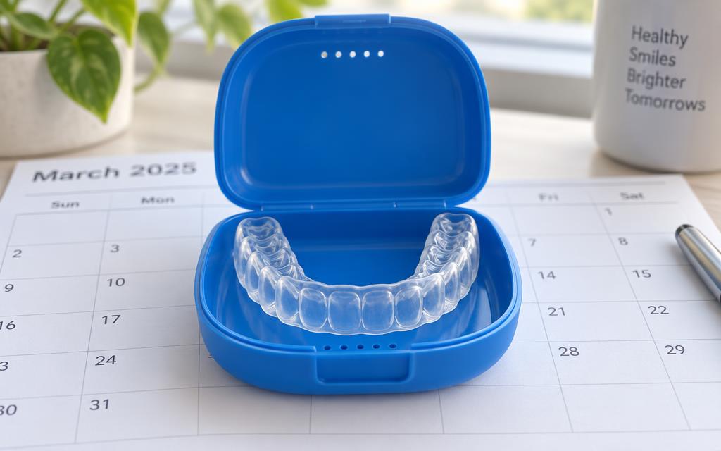 Protective dental appliance case resting on a calendar in a dental office, symbolizing routine care, maintenance, and replacement timing for dental appliances.