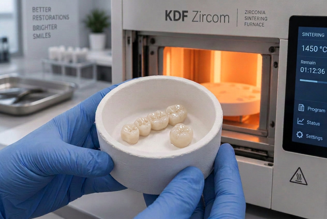 Watercolor-style illustration of a dry dental milling machine carving a zirconia crown from a block inside a glass-enclosed chamber, showing zirconia dust during the precision milling process.