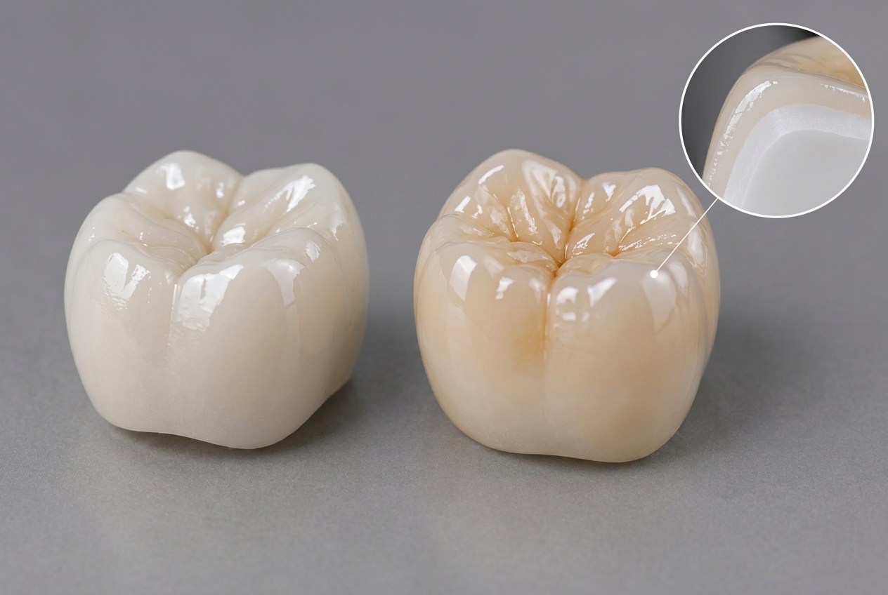 Close-up view of an anterior zirconia crown blending naturally with adjacent teeth, showing realistic translucency, surface texture, and shade integration in a clinical setting.