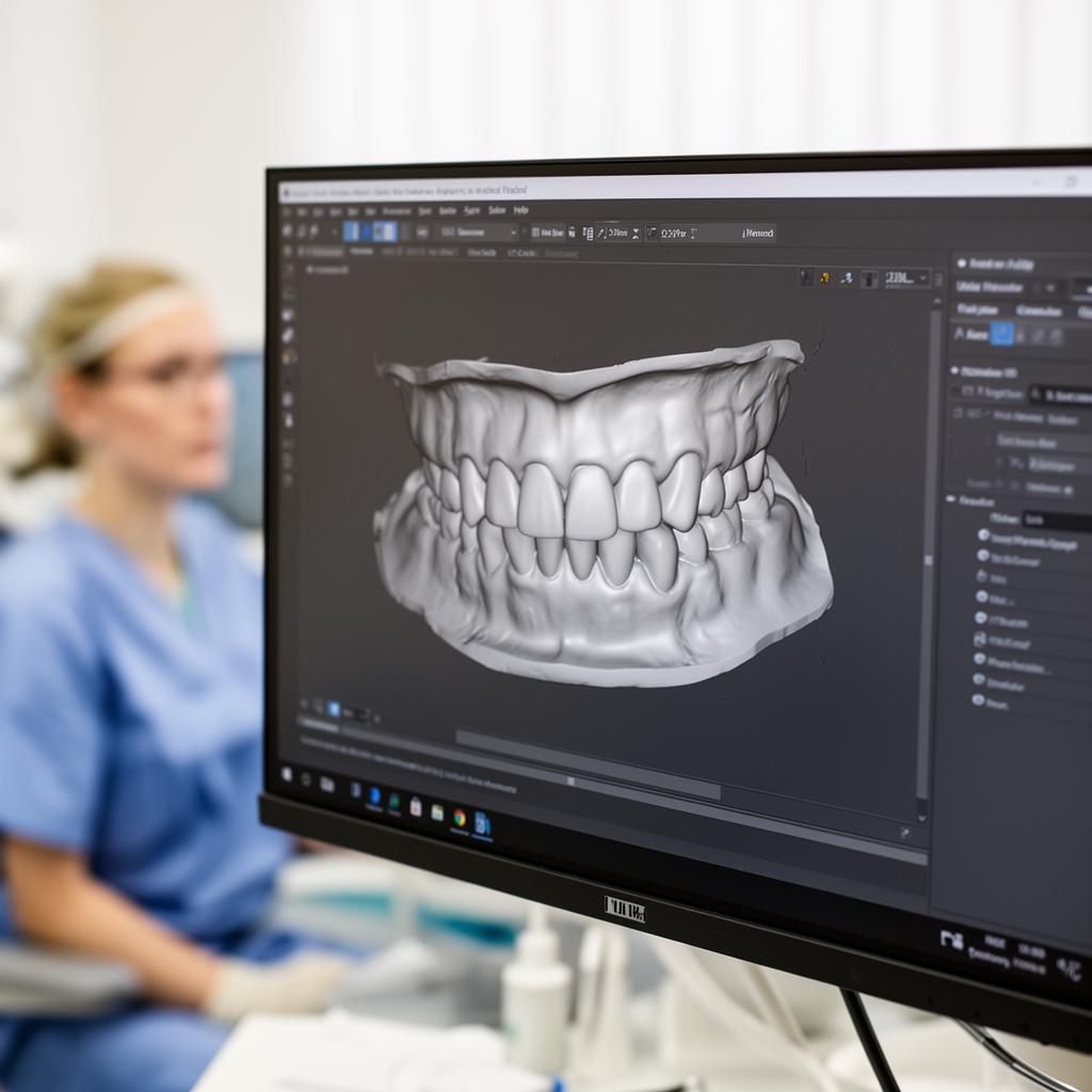 Dentist reviewing a 3D digital dental scan on a monitor