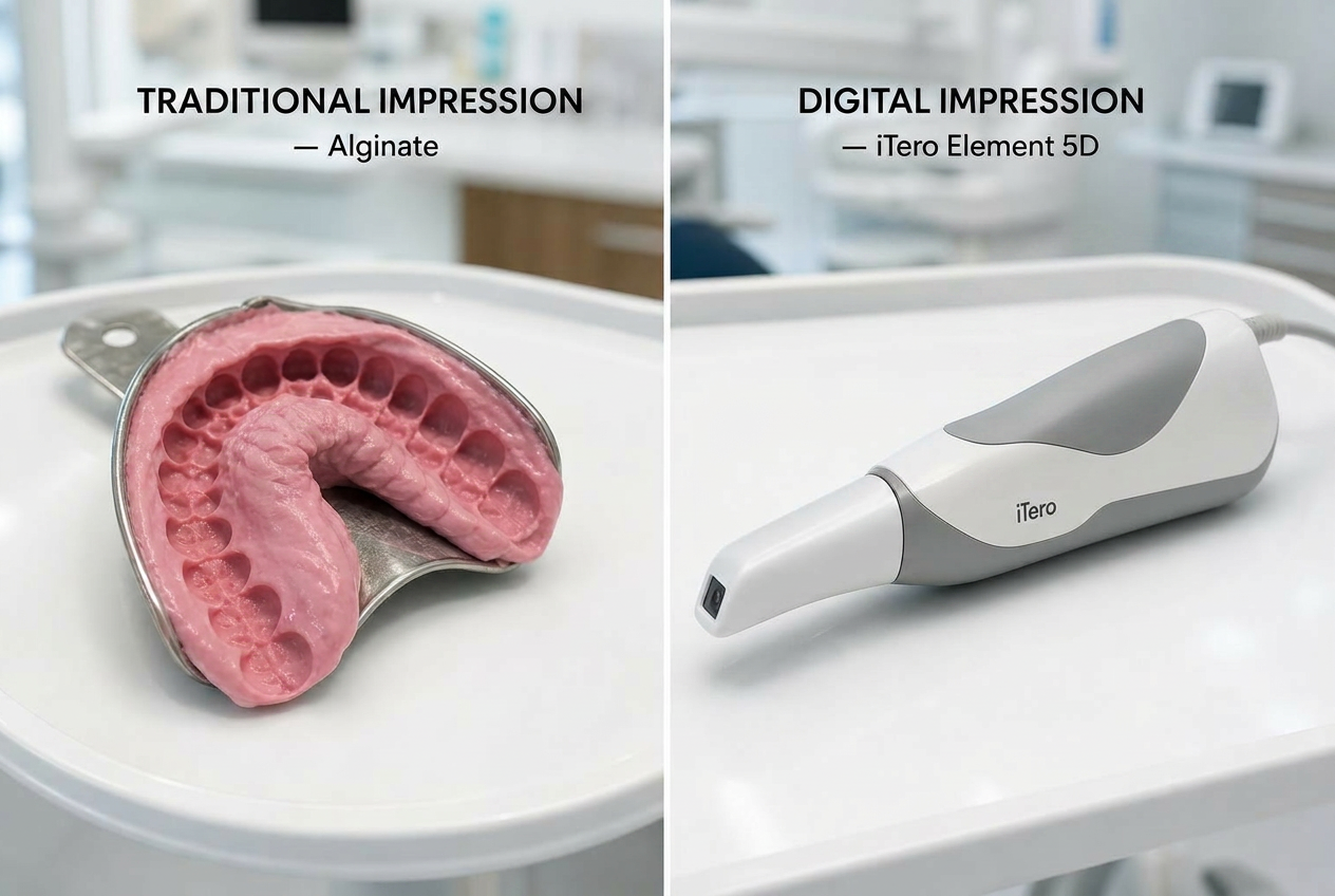 Traditional alginate impression next to a modern intraoral 3D scanner